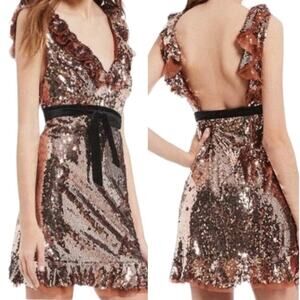 Free People Tribeca Sequin Mini Party Dress - 2 - Copper, Open Back, NYE Holiday